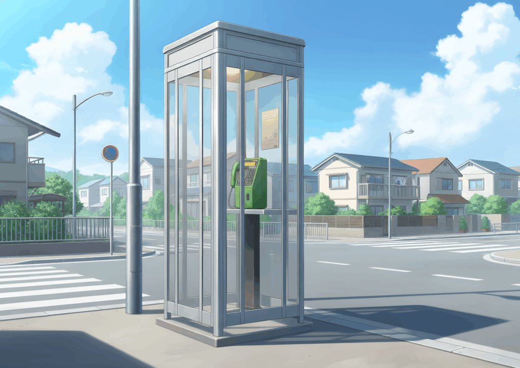 晴れた昼の住宅街の交差点に立つ電話ボックス。ガラス張りのボックスの中に緑の公衆電話があり、周囲には静かな住宅が並ぶ。青空と白い雲が広がり、穏やかな日差しが街全体を明るく照らしている