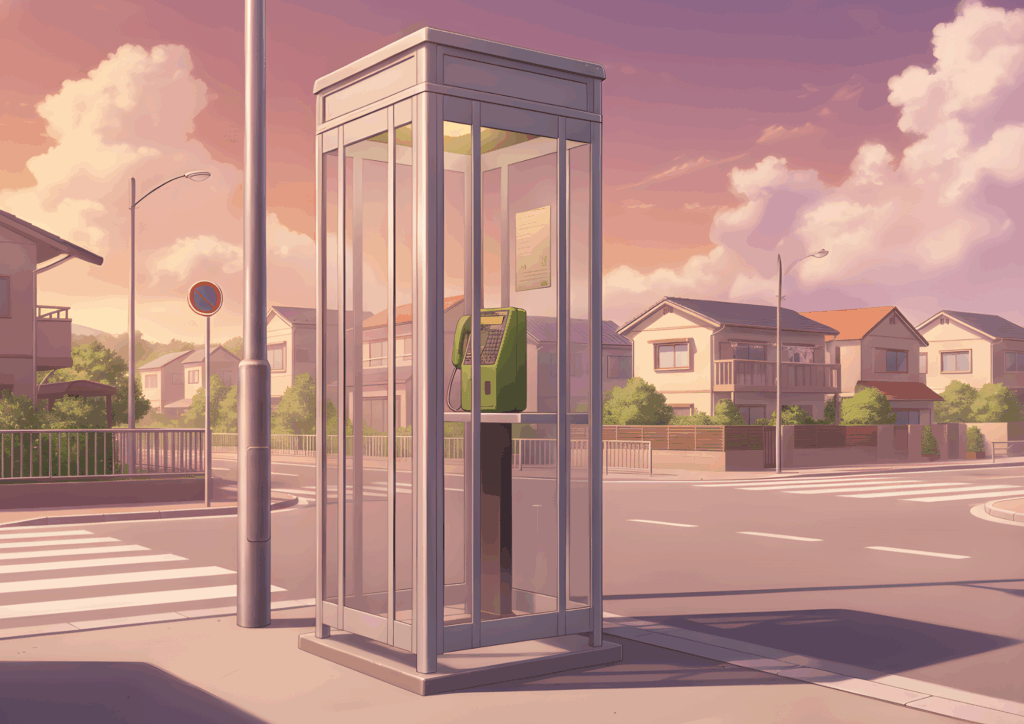 夕暮れ時の住宅街にある電話ボックス。オレンジ色の夕陽が街並みを染め、ガラスのボックスが柔らかな光を反射している。周囲の家々の屋根や壁も夕焼け色に包まれ、どこか懐かしい雰囲気が漂う