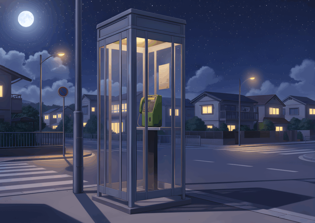 夜の住宅街の交差点に立つ電話ボックス。満月と星空の下、街灯とボックス内の照明が優しく灯り、緑の公衆電話が浮かび上がる。周囲の家々の窓には明かりがともり、静かで落ち着いた夜の情景を描いている