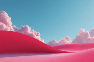 澄んだ青空の下、柔らかなピンクの雲と滑らかな曲線を描くピンクの砂丘が広がる幻想的な風景