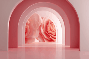 重なったアーチ越しに巨大なバラの花びらが覗く、幻想的なピンクの回廊