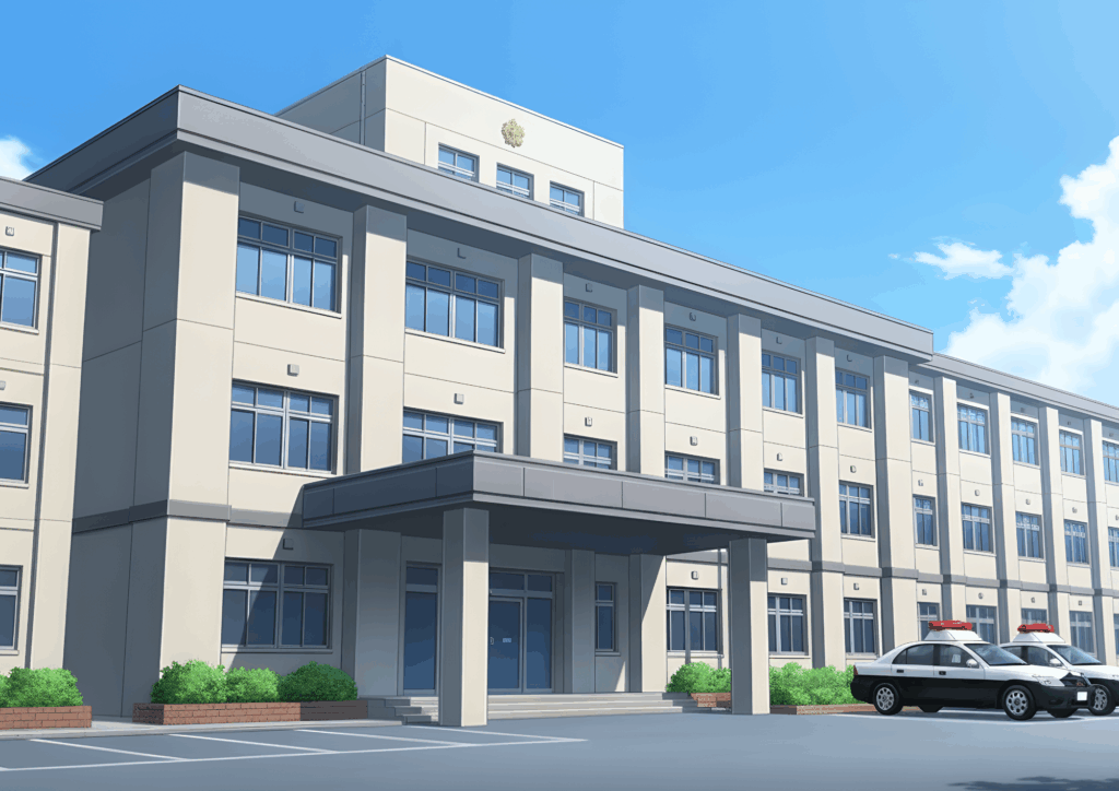 青空の下に建つ警察署の外観。三階建ての建物の前にはパトカーが停まっており、入口には屋根付きの庇がある。