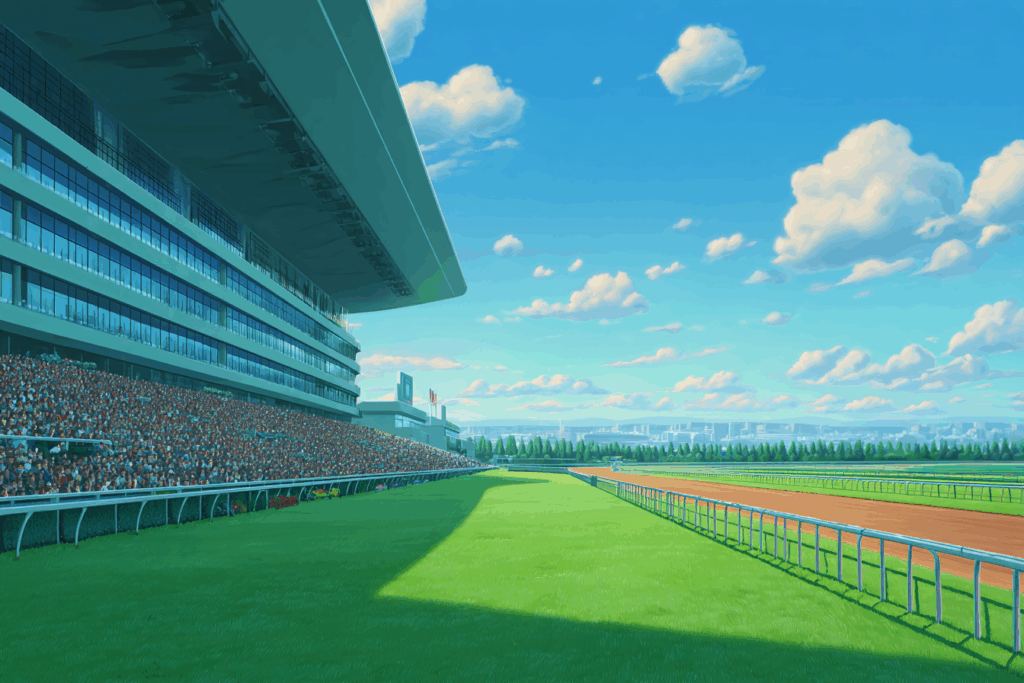 青空の下、緑の芝生に囲まれた競馬場。観客席には人が集まり、奥には市街地が広がる。