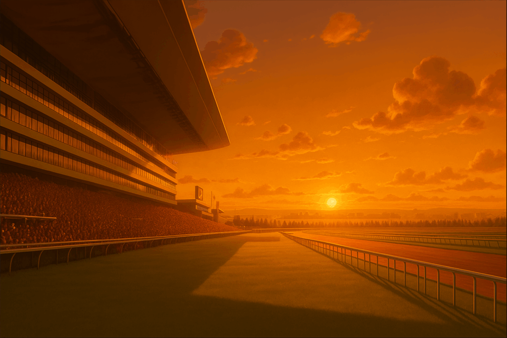 夕日が昇る競馬場の風景。建物とトラックが鮮やかなオレンジ色に染まり、雲がドラマチックに広がっている。