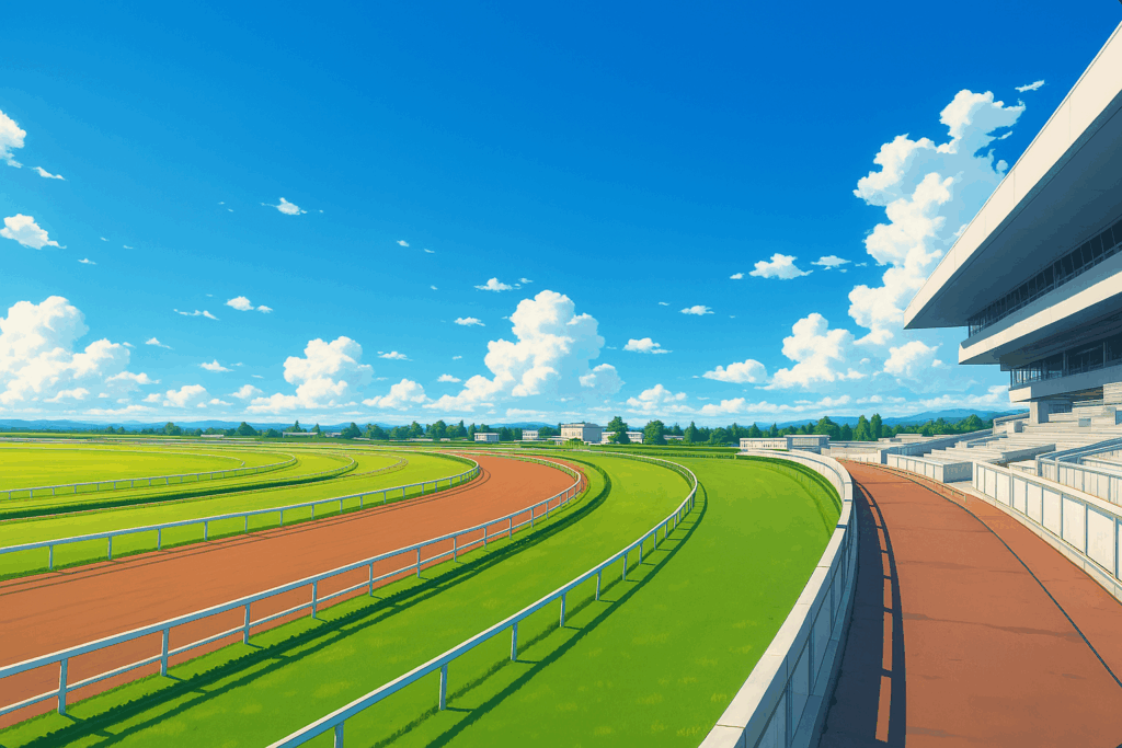 青空の下、白い雲が浮かぶ晴れた日に、広々とした競馬場のトラックと観客席が見える。緑の芝が鮮やか。