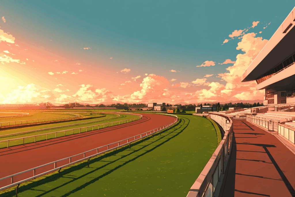 夕日が照らす競馬場のトラックと観客席。広がる青空にピンク色の雲が浮かび、温かい雰囲気を作っている。