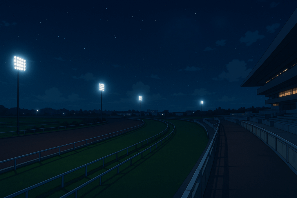 夜の競馬場のトラック。スタジアムのライトが点灯し、星空が広がっている。静かな雰囲気が漂う。