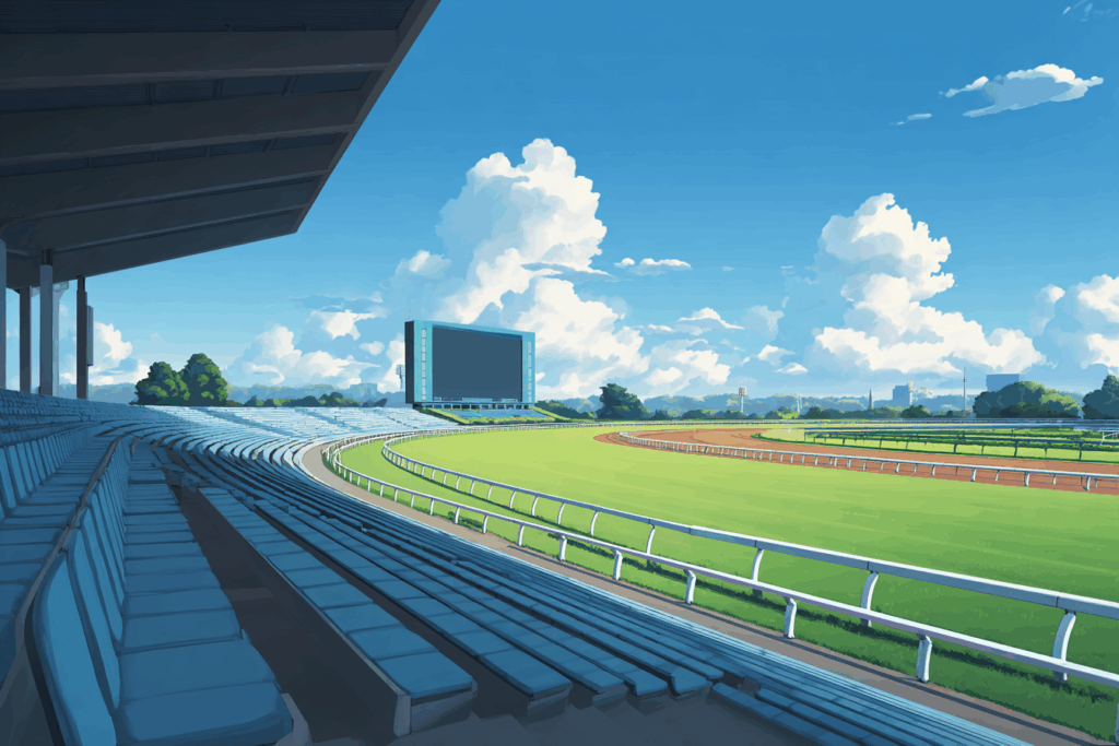 晴天の競馬場。緑の芝生トラックと空の青が美しいコントラスト。観客席は空で、奥に大型スクリーンが見える。
