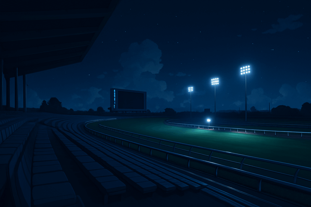 ナイター照明に照らされた夜のスタジアム。無人のスタンド席があり、空には 星が点在している。静かな雰囲気。