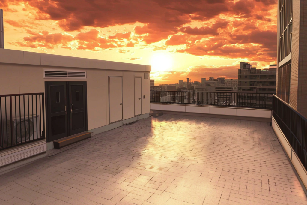 夕焼けが美しく広がる屋上の風景。赤い雲と水平線に沈む太陽が魅力的で、建物と空が調和している。