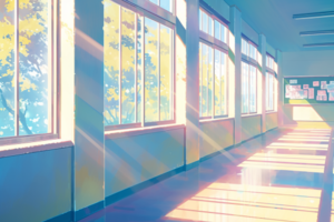 緑豊かな景色が見える窓が並ぶ学校の廊下のイラスト。陽の光が廊下全体を明るく照らし、壁に掲示物が貼られています。