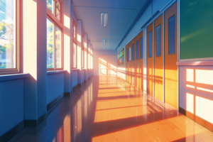 晴れた日の午後、窓から入る日差しが鮮やかに反射する学校の廊下のイラスト。右側には教室のドアが並び、掲示板が設置されています。