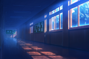 青みがかった光が差し込む学校の廊下のイラスト。静かな雰囲気が漂い、遠くの窓から柔らかい光が入っています。