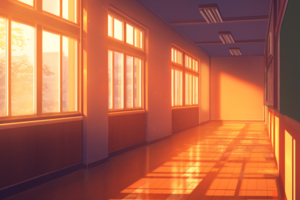 夕焼けが窓から差し込み、暖かいオレンジ色に包まれた学校の廊下のイラスト。窓の外には木々が見え、廊下には長い影が映っています。