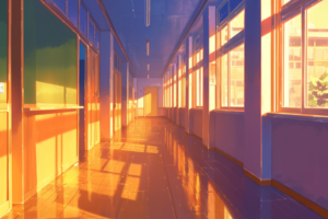 夕日が差し込む学校の廊下のイラスト。窓からの光が廊下全体を黄金色に照らし、床には光と影の美しい模様が広がっています。