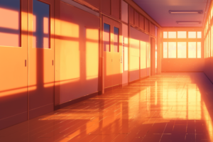 夕方の柔らかい光が窓から入り込み、廊下を暖かく照らす学校のイラスト。廊下の壁やドアにオレンジ色の光が反射しています。