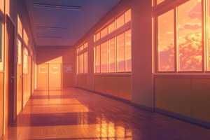 夕焼けが広がる空が窓から見える学校の廊下のイラスト。温かみのある光が廊下を包み、穏やかな雰囲気が漂っています。