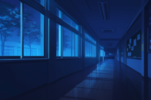 夜の学校の廊下のイラスト。窓から見える外の木々が青い光に包まれ、廊下には静寂が漂っています。
