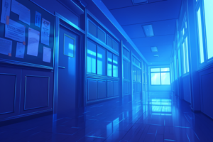 青い月光が差し込む夜の学校の廊下のイラスト。掲示板には紙が貼られ、廊下全体に穏やかな光が広がっています。