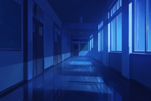 夜の静けさに包まれた学校の廊下のイラスト。窓からの月光が廊下を淡く照らし、遠くには扉が見えます。