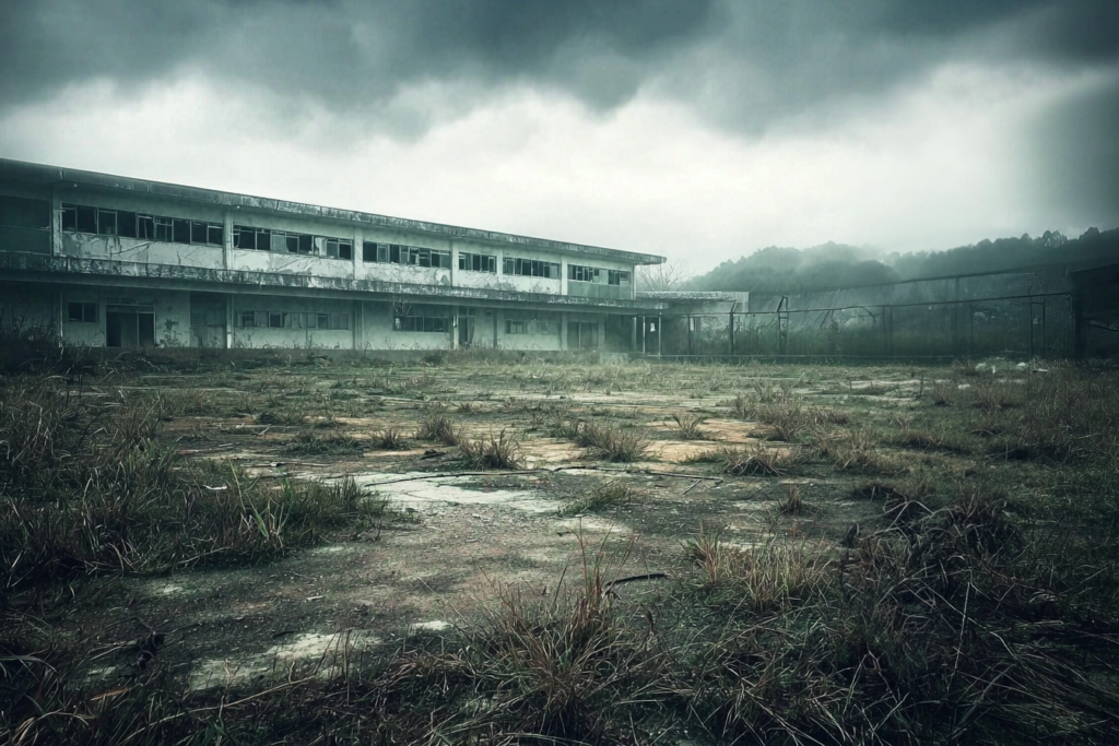 曇り空の下、荒廃した建物と草が生い茂る校庭が広がる廃校の風景。寂れた雰囲気が漂っている。