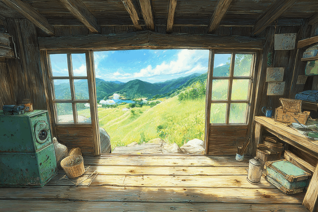 木造の小屋の中から、広々とした田舎の景色が広がる。緑の丘と湖が見え、穏やかな晴天の空が広がっている。