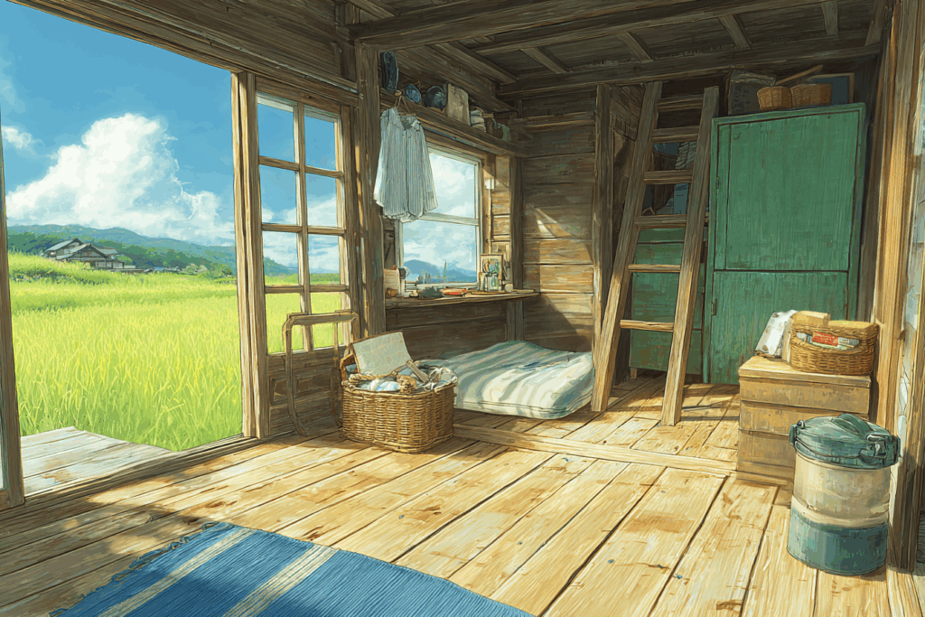 木製の小屋の内部。シンプルな布団、階段、緑のキャビネットがあり、開け放たれたドアからは緑豊かな田園風景が広がる。