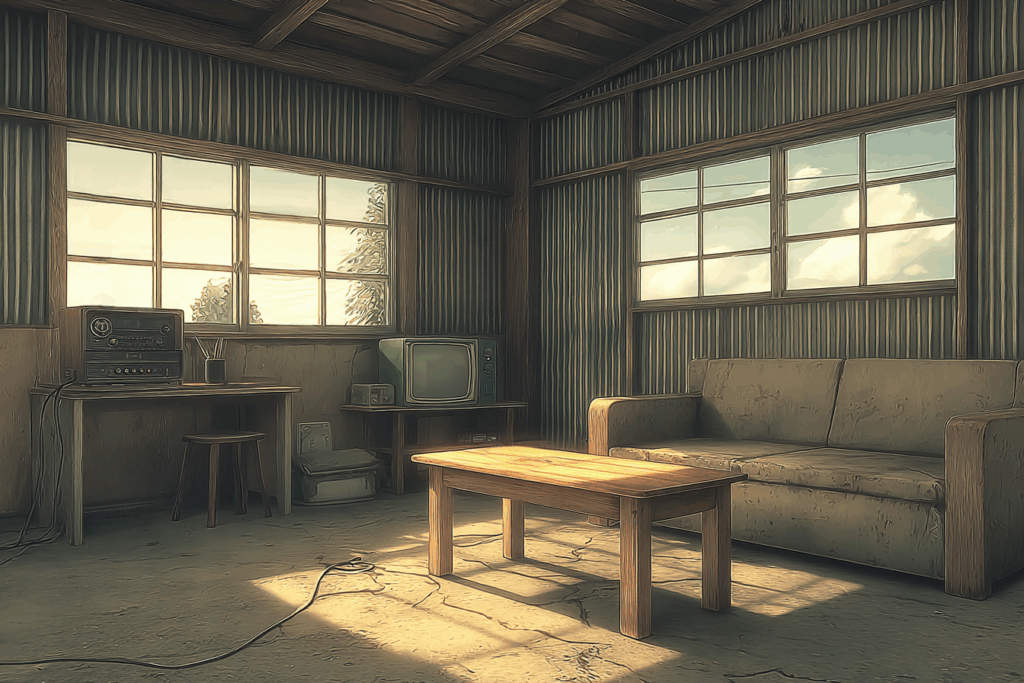 レトロな部屋の中、古いテレビとラジオがある。ソファと木製のテーブルが日差しを浴びている。ノスタルジックな雰囲気。