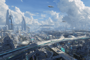 空飛ぶ車両が行き交う明るい未来都市の背景イラスト。雲間に浮かぶ巨大な構造物と緑地が融合した開放的な都市景観。