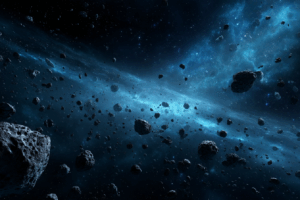 大小無数の小惑星が漂う小惑星帯の背景イラスト。青く光る星雲を背景に、浮遊する岩石がリアルな宇宙の過酷さを演出している。