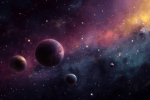 カラフルな星雲と複数の惑星が浮かぶ幻想的な宇宙空間の背景イラスト。紫や黄色の光が入り混じり、華やかな銀河の景観を描いている。