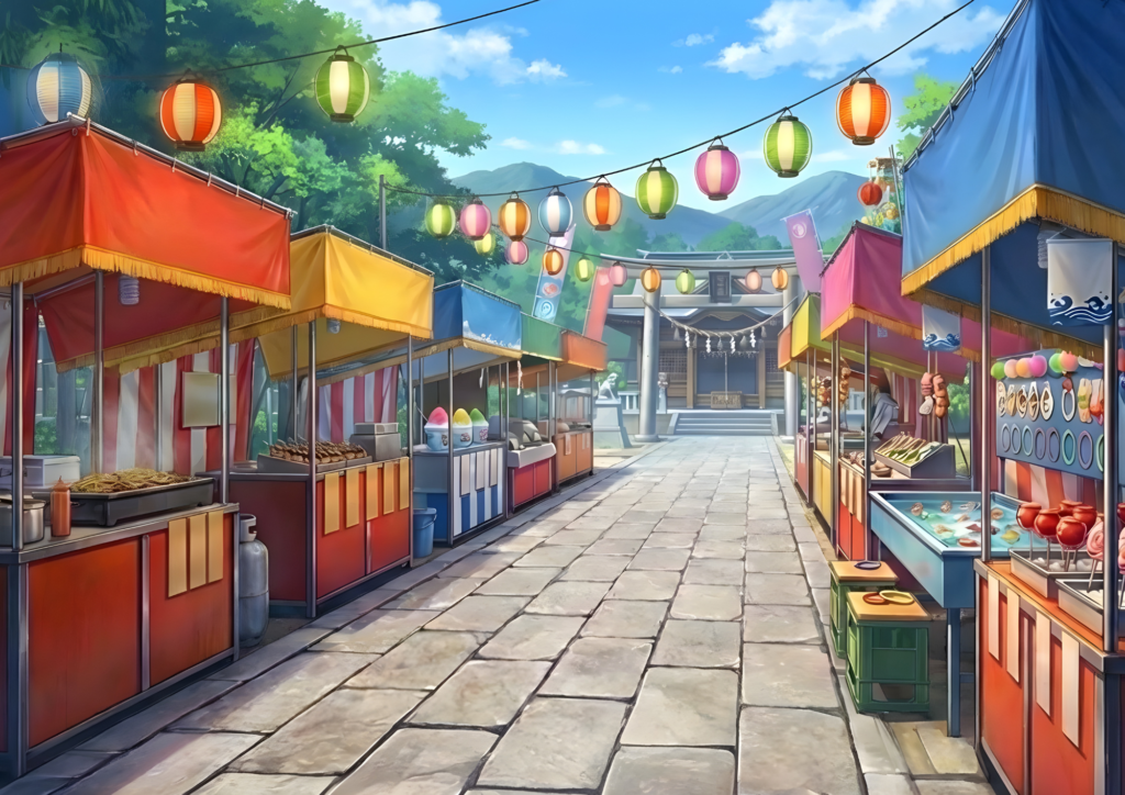 青空の下、神社の参道に色とりどりの屋台が並び、上空に提灯が連なる。奥に鳥居と拝殿が見える祭りの風景