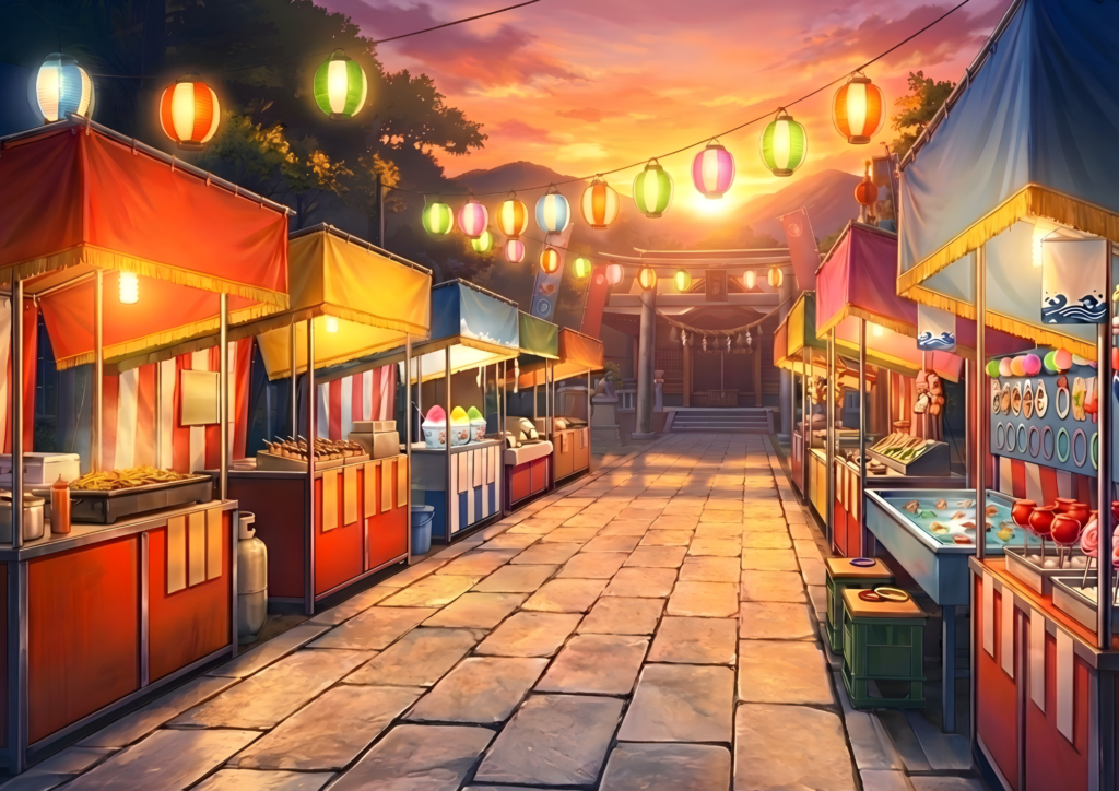 夕焼け空の神社参道。屋台の明かりとカラフルな提灯が灯り、石畳の先に鳥居と社殿が見える