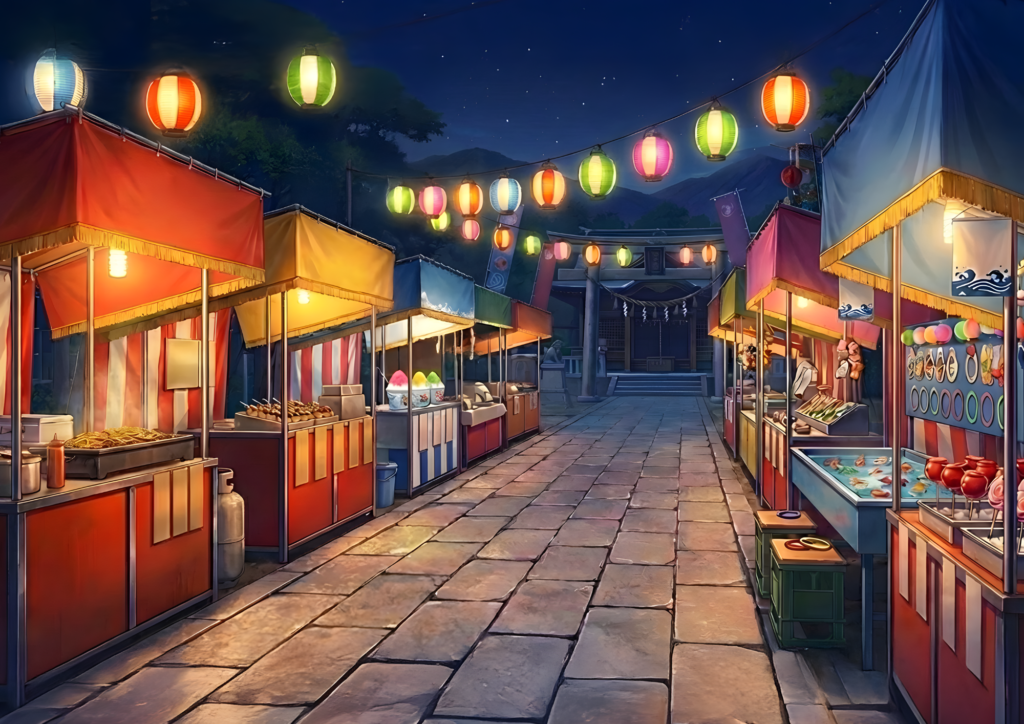 星空の夜、提灯が連なる神社参道に屋台が並ぶ。静かな境内へ続く石畳と灯りのにぎわい