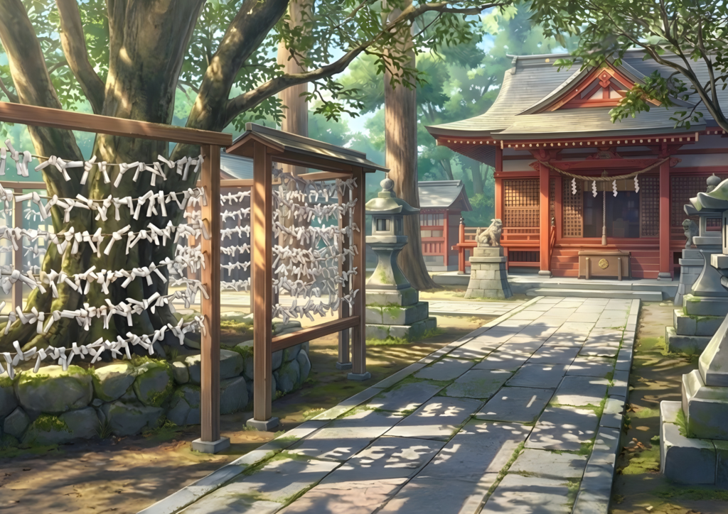 木陰の神社境内で、おみくじが結ばれた結び所が並ぶ。大木と石灯籠、奥に朱色の社殿が見える