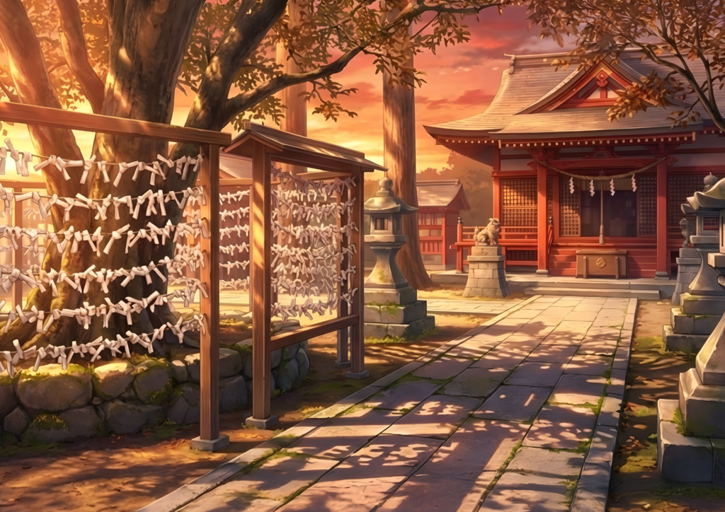 夕日が差す神社境内。おみくじ結び所と大木の影、石畳の参道の先に社殿が佇む