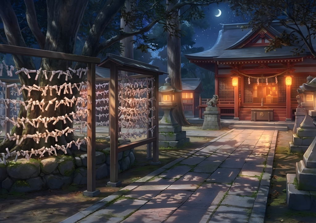 三日月の夜の神社境内。おみくじ結び所と石灯籠が灯り、社殿の提灯が温かく輝く