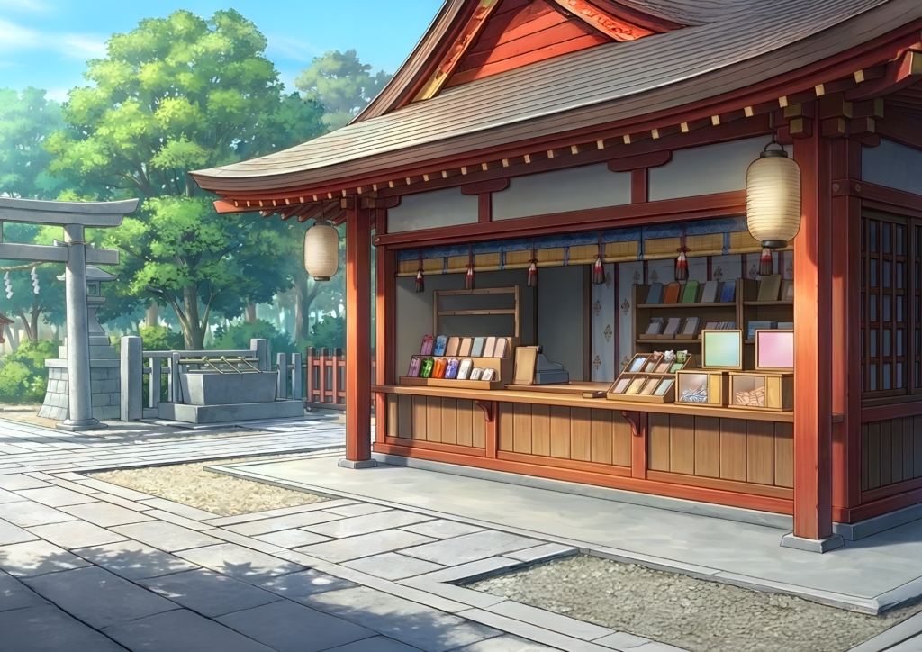 日中の神社授与所。御守りやお札が並ぶ窓口と提灯、背景に手水舎と鳥居が見える