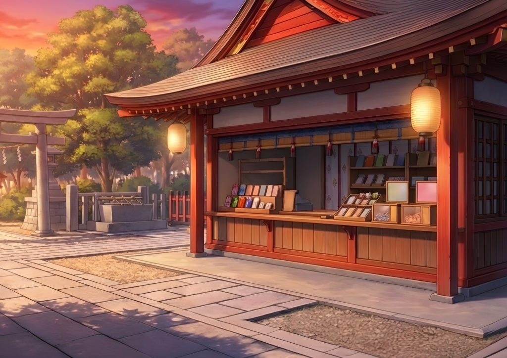 夕暮れの神社授与所。灯った提灯の下、御守りが並ぶ窓口があり、奥に手水舎と鳥居が見える