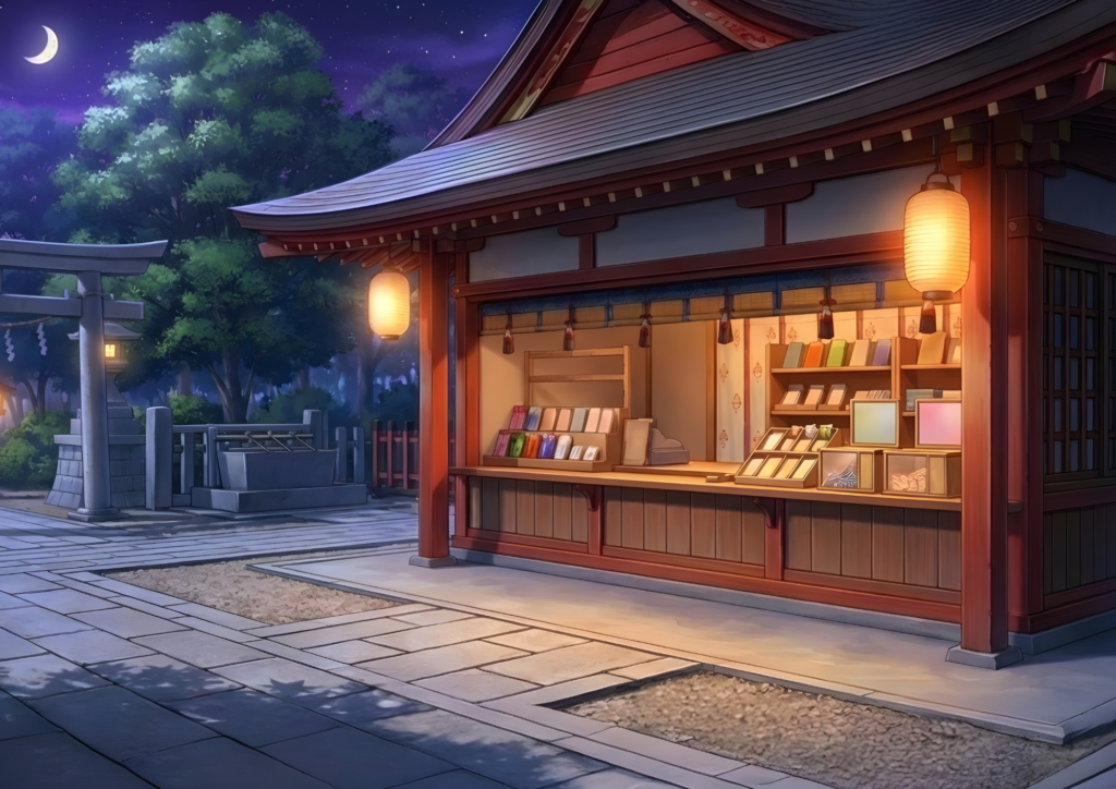 夜の神社授与所。月と星空の下で提灯が灯り、御守りが並ぶ窓口と手水舎、鳥居が静かに浮かぶ