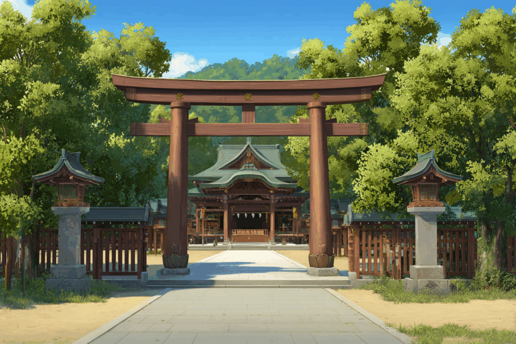 木製の鳥居が立つ神社の入り口。背景には緑豊かな木々と伝統的な屋根を持つ拝殿。晴れた青空が広がる。