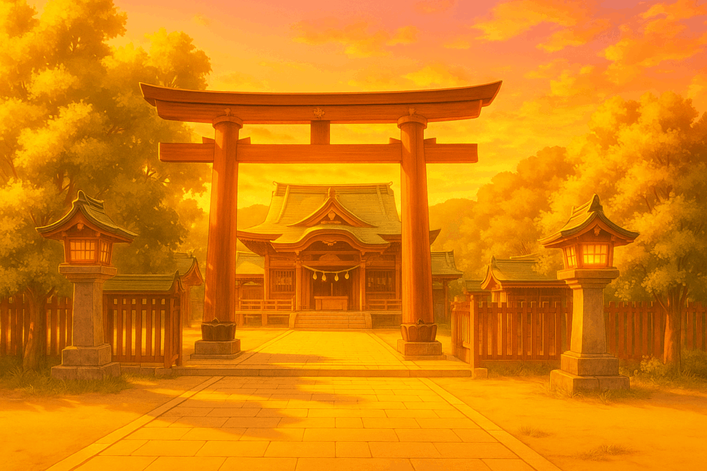 夕日が差し込む神社の鳥居。石灯籠が両側に立ち並び、背景には緑豊かな木々と社殿が見える。