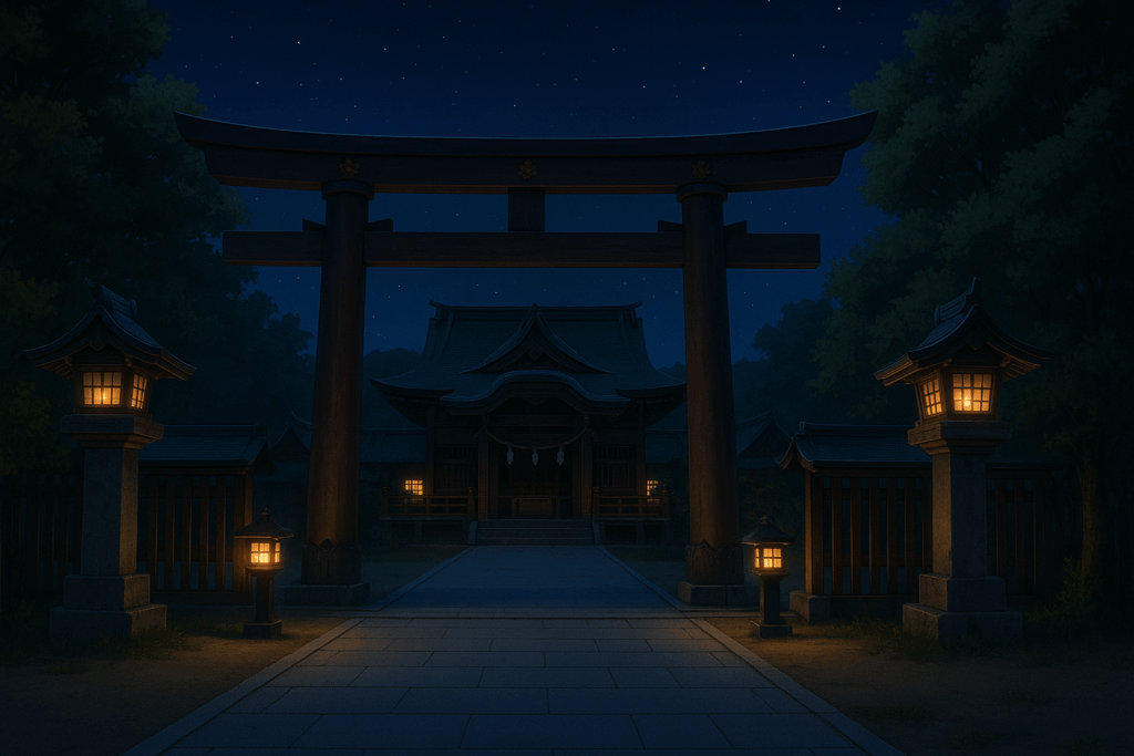 夜空の下、灯籠が優しく照らす神社の鳥居と拝殿。静寂に包まれ、星が輝く静謐な雰囲気が漂う。