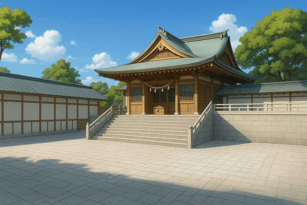伝統的な日本の神社の建物が青空の下に立っている。木製の参道と階段が特徴で、周囲を樹木が囲んでいる。