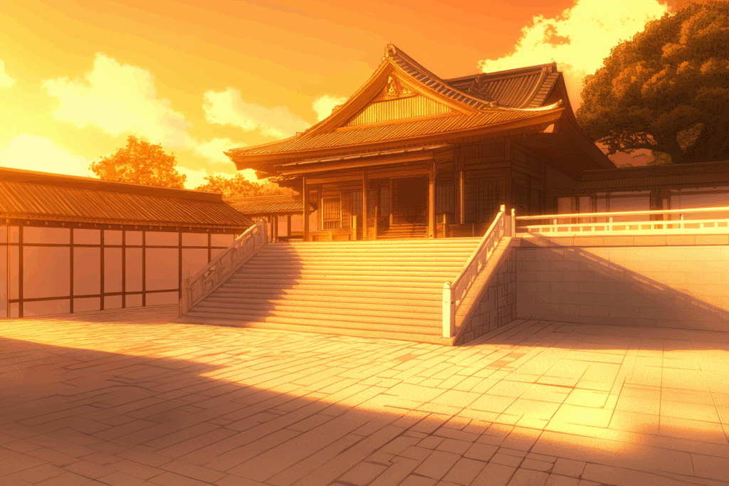 夕日の中、伝統的な日本の寺院が高台に立ち、温かいオレンジ色の光に包まれている。周囲は静かな庭園。