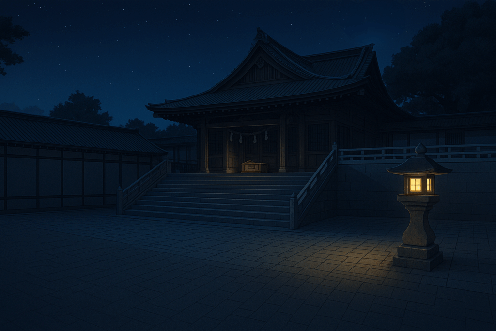 夜の神社の静寂。星空の下、灯籠が温かな光を放ち、拝殿の階段と建物を優しく照らしている。