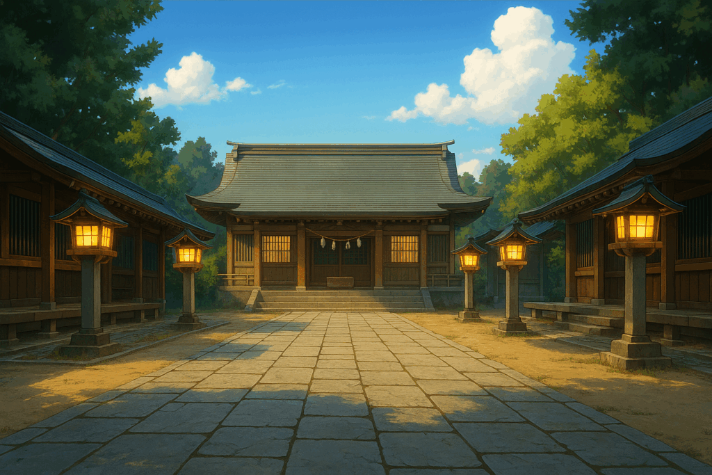 木造の神社が青空の下に立ち、石畳の参道に灯篭が点灯している。周囲は緑豊かな木々で囲まれている。