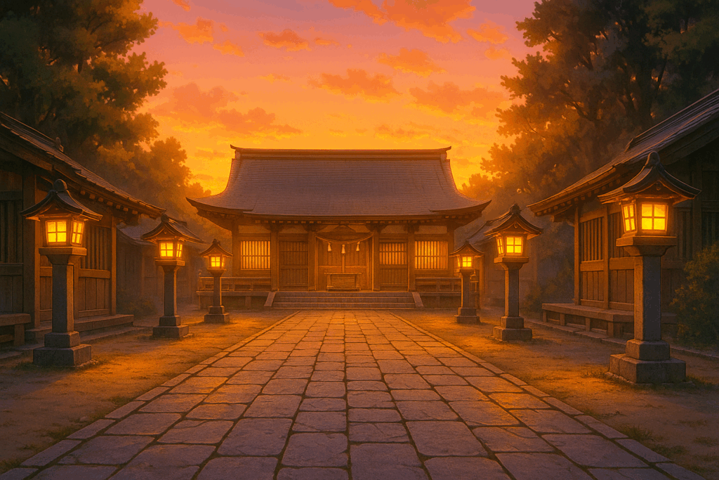 夕景の中、日本の伝統的な神社と石畳の参道。両側に配置された灯籠が温かい光を放っている。