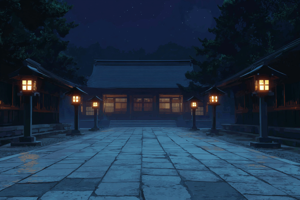 夜の神社の参道。石畳が続き、両側に灯籠が柔らかい光を放っている。背景には本殿が静かに佇む。