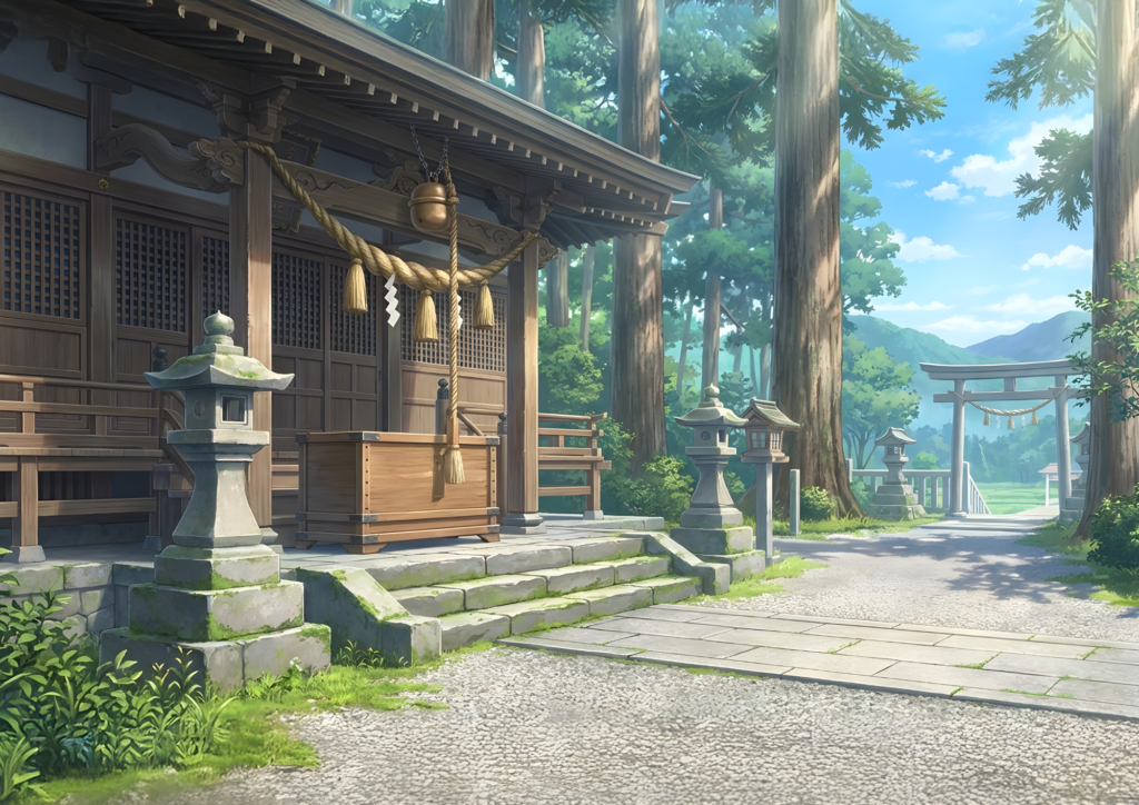 晴れた昼の神社境内。拝殿の前に賽銭箱と鈴緒があり、石灯籠と石段、参道の先に鳥居と杉林が続く静かな風景